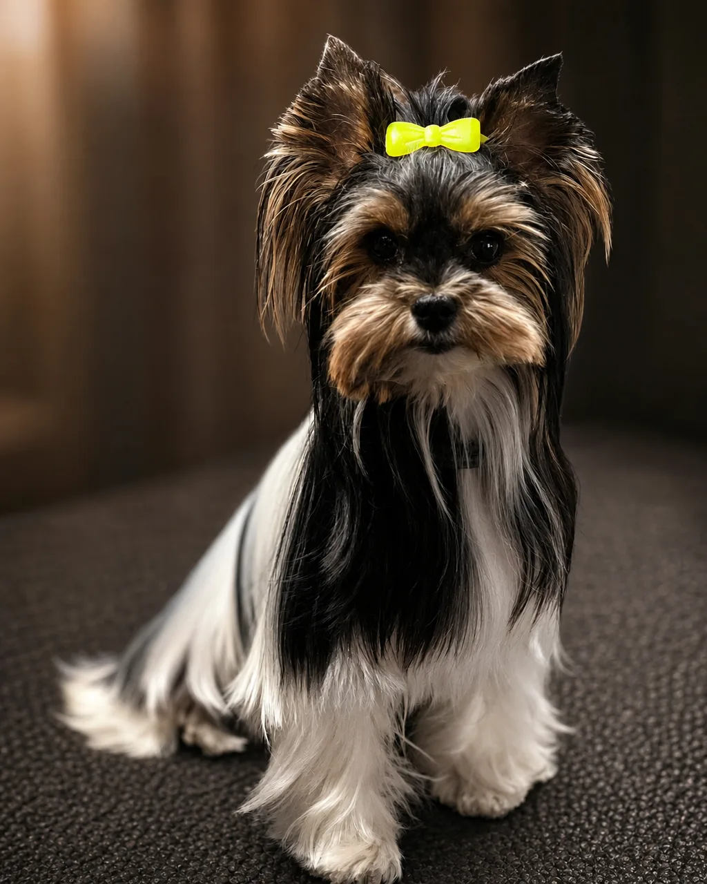 Gepflegter Biewer Yorkshire Terrier mit neongelber Schleife im Hundesalon Pfotenparadies